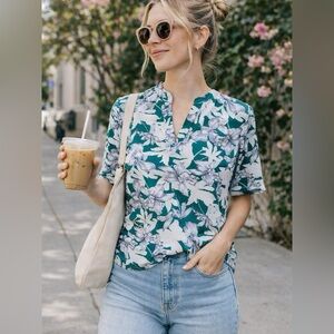 SJS Green Floral Split Neck Short Sleeve Blouse – Petite Medium